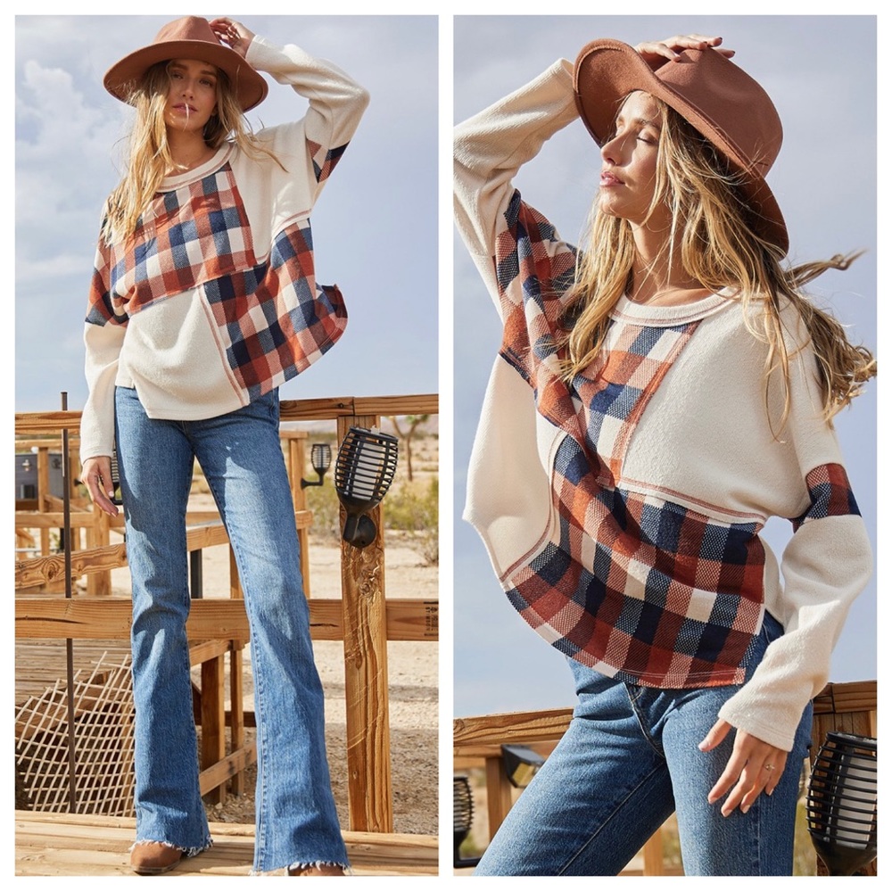 11 Boho Plaid Fabric Contrast Knit Top